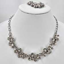 Crystal Rhinestone Silver tone Choker Necklace Set Earrings Bracelet