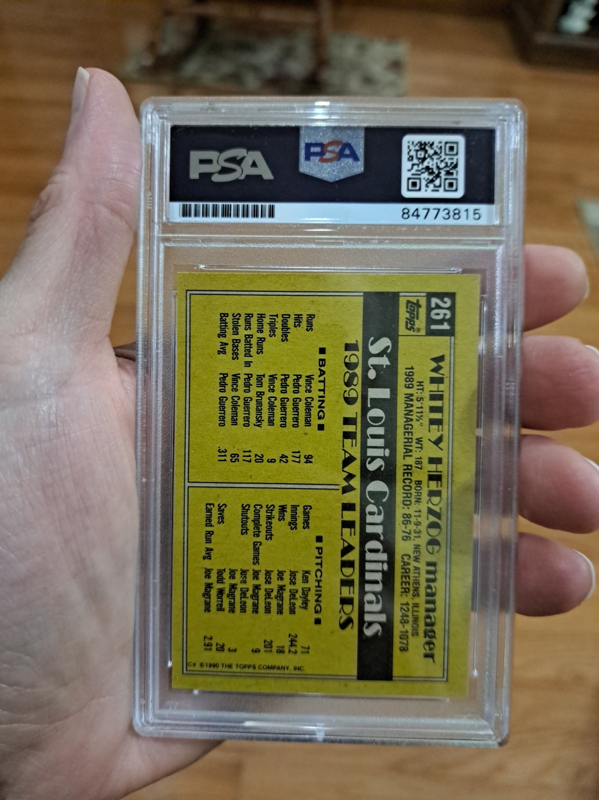Whitey Herzog Signed Autographed 1990 Topps #261 Baseball Card PSA DNA SLABBED view 4
