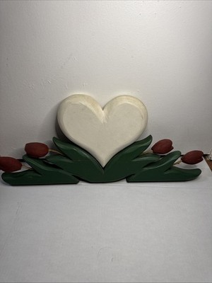 Vintage Cntry Folk Art Wooden Tulip & Heart Wall Plaque Plinth Decor 23.5 x10.5 