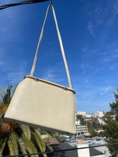 Vintage Cream Faux Snakeskin Handbag Gold Frame Top Handle Structured Evening Ba