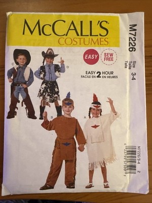 McCall's 7226 Easy Cowboy & Native American Indian Costume Pattern Toddler 3-4