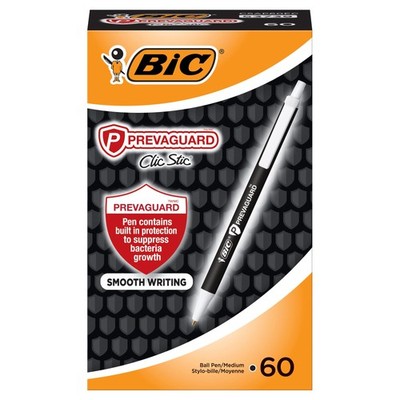 BIC PrevaGuard Clic Stic Black Ballpoint Pens Pack of 60 with Antimicrobial A...