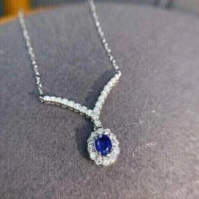 3.0Ct Oval Cut Lab-Created Sapphire Halo Women Pendant 14K White Gold Plated 18''