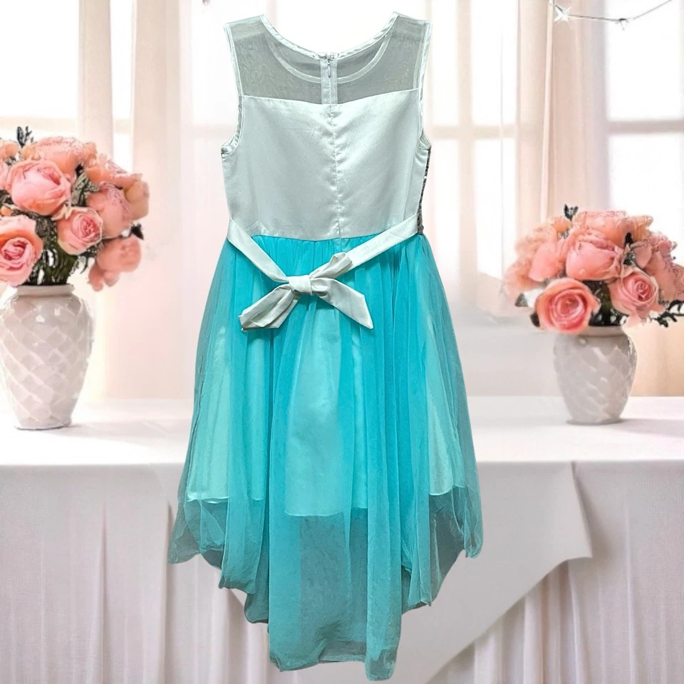 Vestido de Fiesta Soleado Moda Niñas Turquesa Alto-Bajo Talla 10 Brillante Vestido Elegante Foto 2 de 2