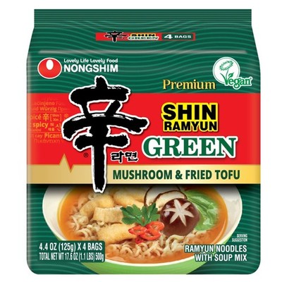 Nongshim Shin Green Vegan Instant Ramen Noodle Soup, 4 Pack, 4.4oz.