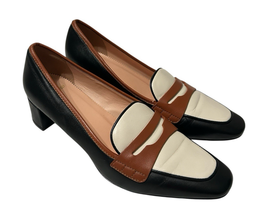 J Crew Kate Women Size 9 Leather Black White Tan Trim Loafer Pumps Block Heels - Picture 4 of 12