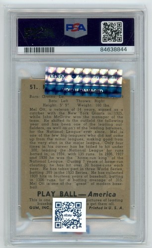 1939 Play Ball #51 Mel Ott New York Giants HOF PSA 6.5 EX-MT+ - Bild 2 von 2