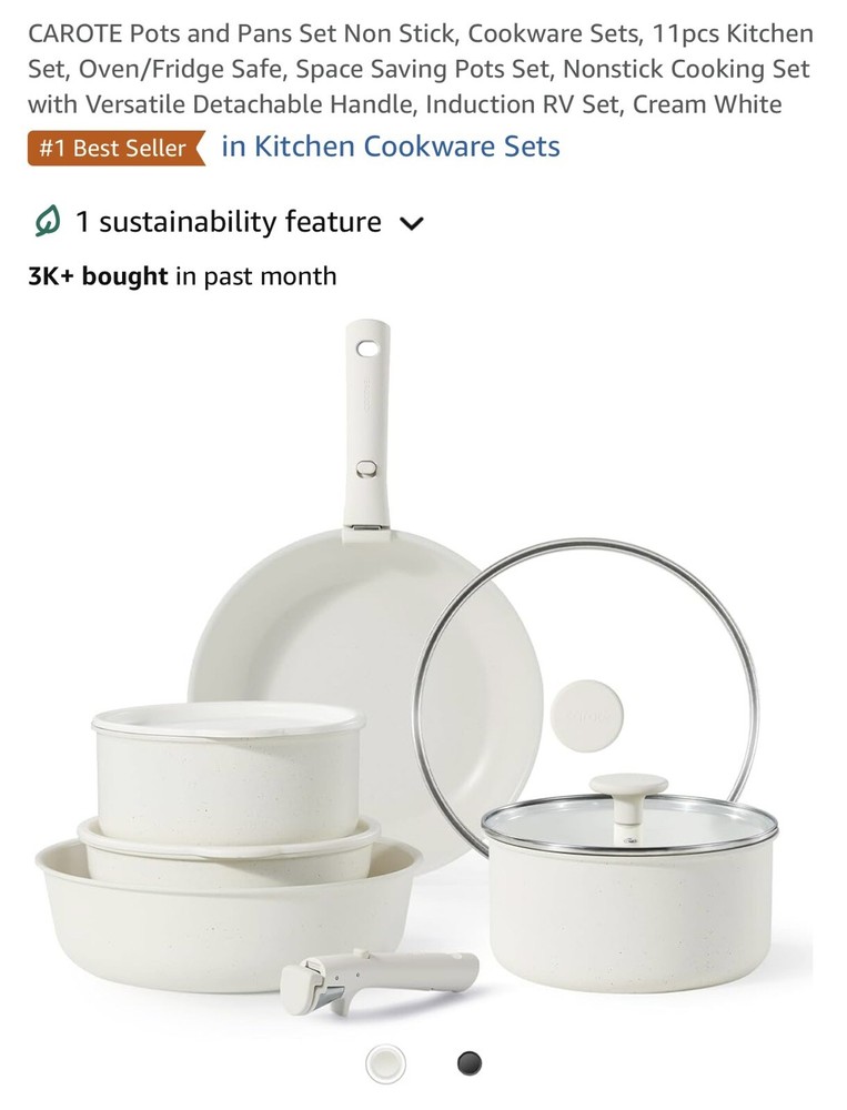 CAROTE 11 Piece Detachable Handle Pots & Pans Set. Cream New  Pans RV. Open Box