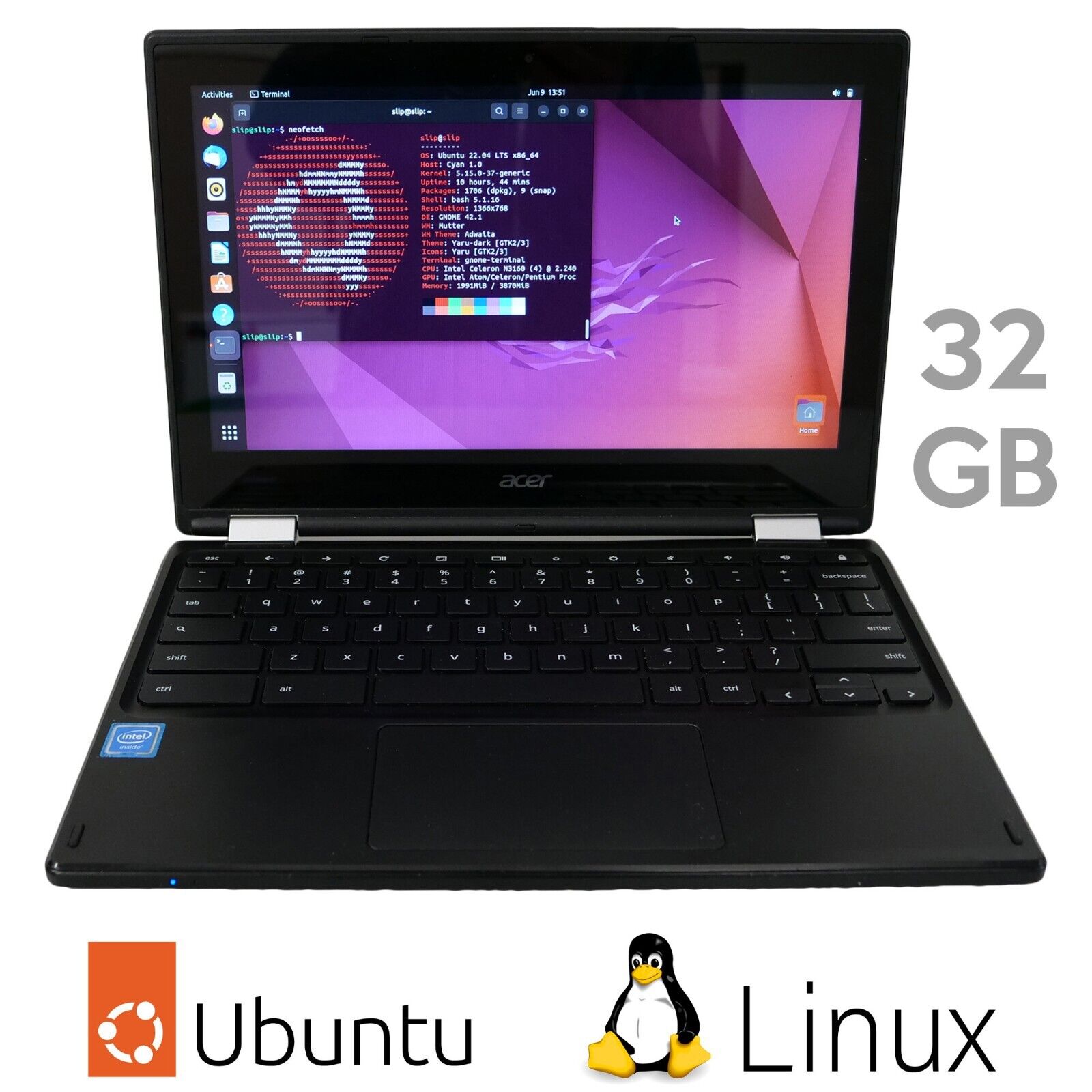 Ubuntu Linux Laptop - 32GB SSD 4GB RAM Acer R11...