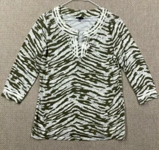 Talbots Olive Green White Top on Neck Tunic 3/4 Sleeve Medium Shirt Pima Cotton