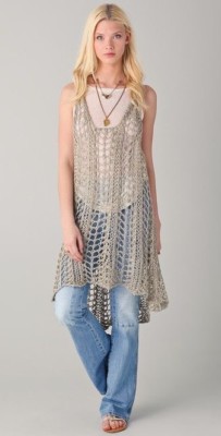 Jen Kao Genji Linen Crochet Knit Beige Hemp Tunic Sweater Dress 