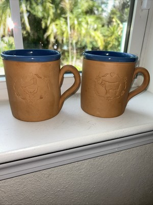 Stoneware Coffee Mugs Glazed Inside Blue Duck & Cow Impressed Rare Italian