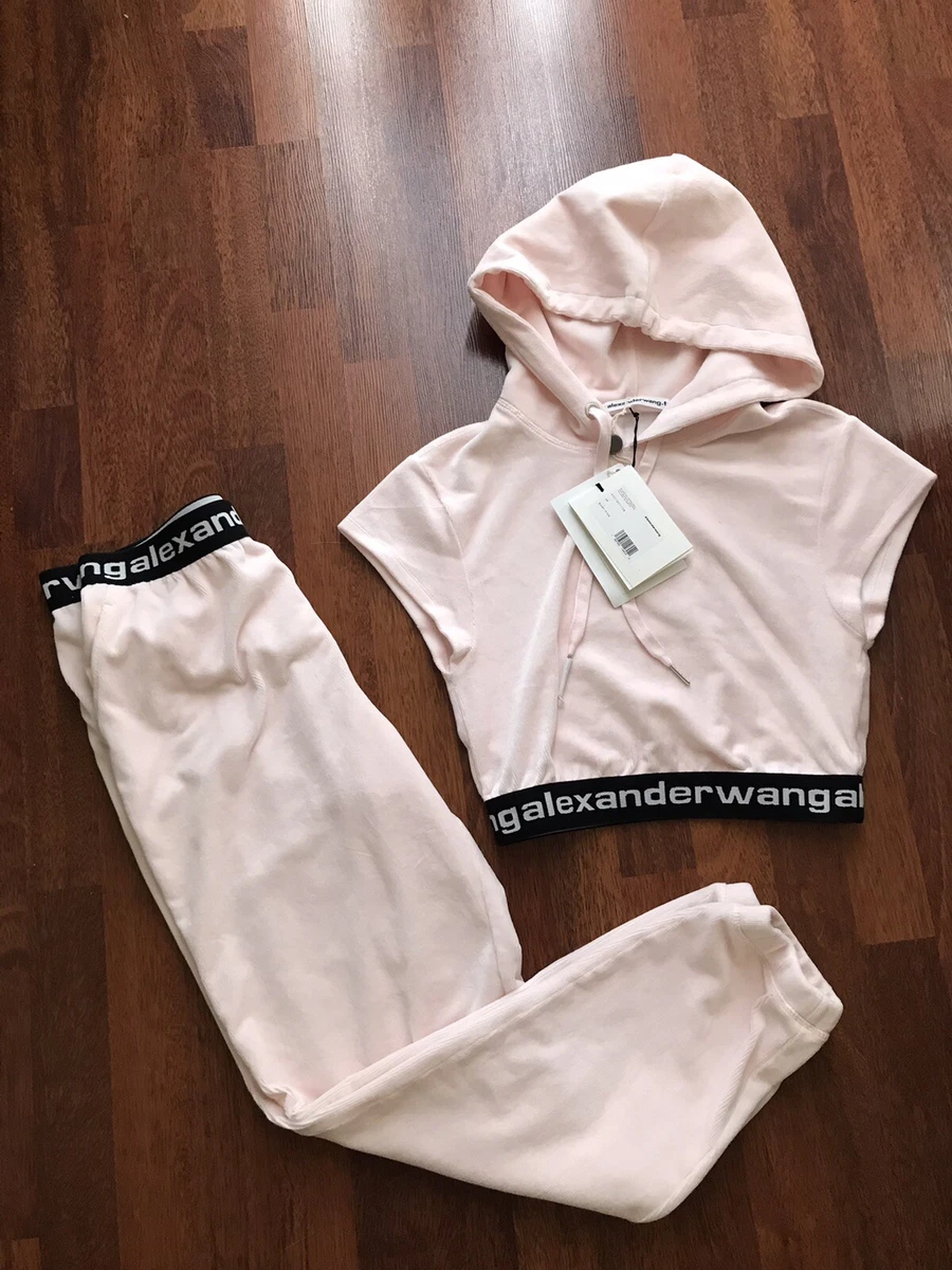 Alexander Wang Elastic Waist Logo Stretchy Velour 2pc Hoodie &Joggers Set XS