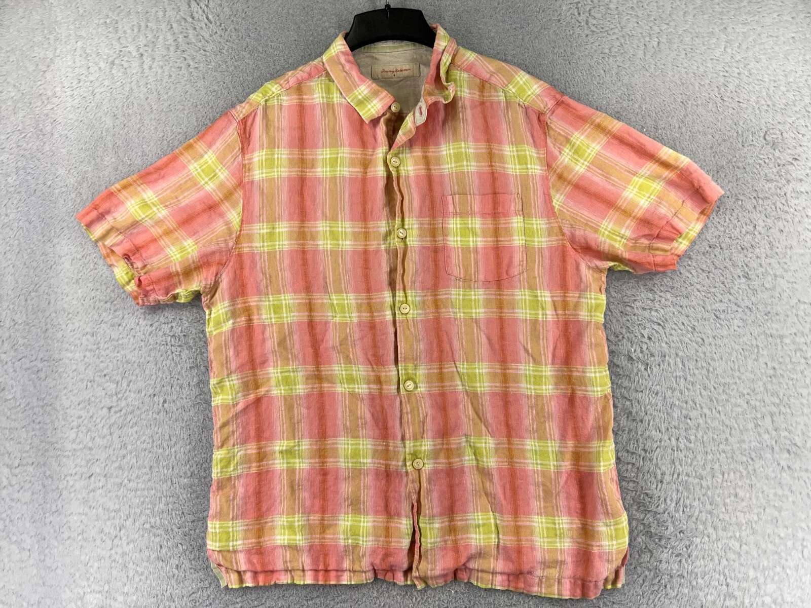Tommy Bahama Shirt Men Extra Large Pink Green Plaid Hawaiian 100% Linen Button