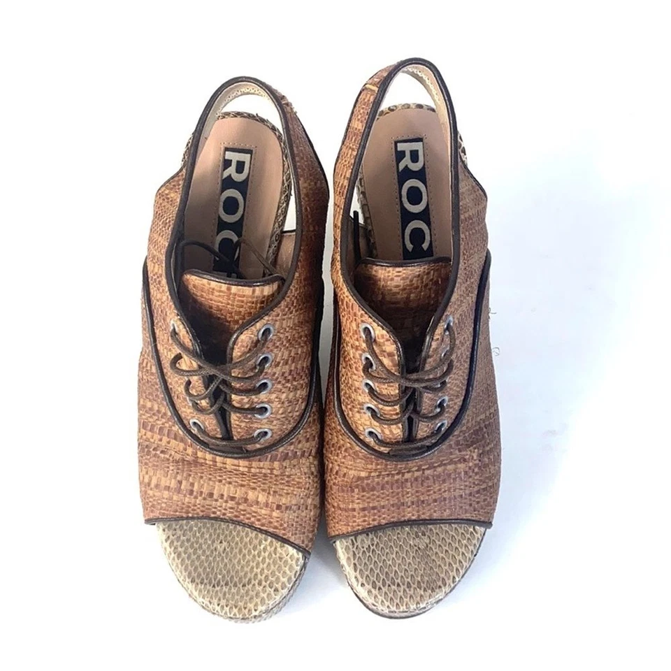 Sandalias de piel de serpiente de paja tejida de cuero Rochas talla 36,5 Foto 3 de 4