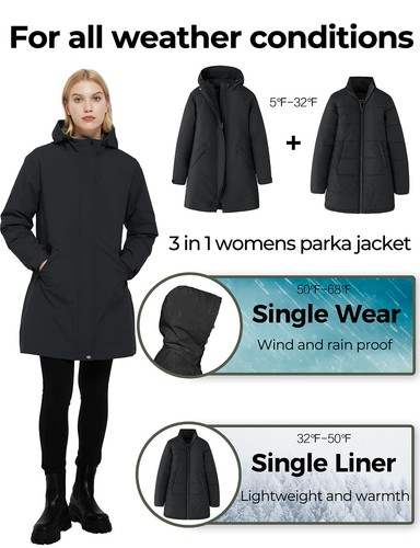 Ampake Women's Winter 3 in 1 Parka Coat Warm Puffer Liner Jacket Detachable Hood - Picture 8 of 46