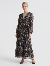 Elan Black/Pink Floral V-Neck Wrap Maxi Dress Tie Puff Long Sleeve Regular M