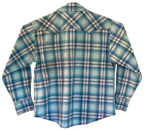 Wrangler Boys Western Shirt Size 6-8 Years Cotton Pearl Snaps Pockets Blue Plaid - Picture 2 of 7