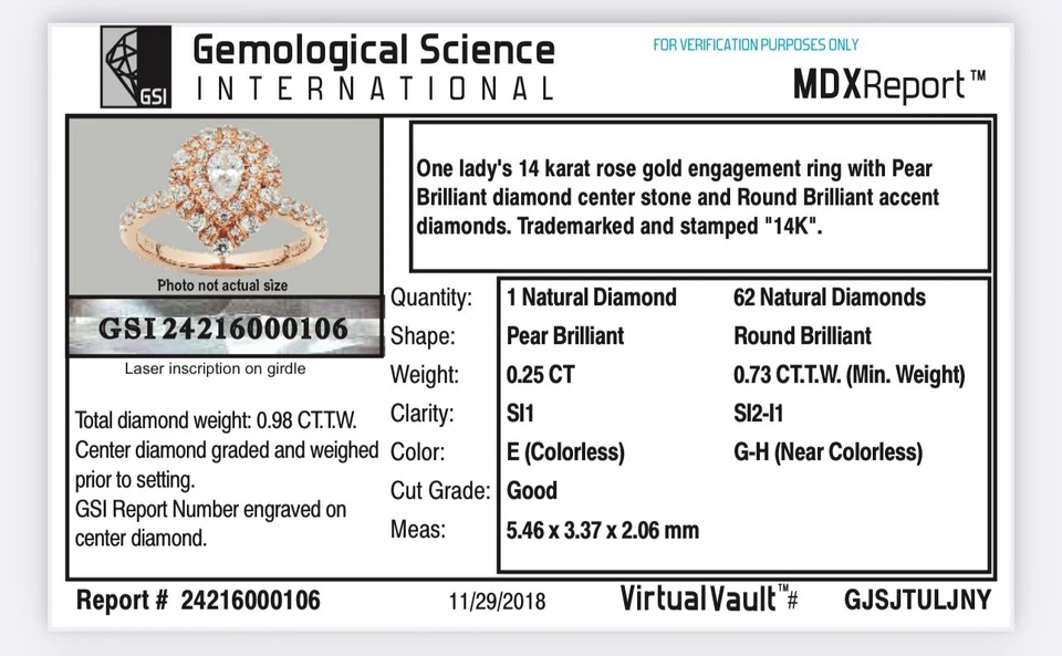 Anel de casamento de noivado de aniversário com moldura de diamante pera natural 1 quilate ouro rosa 14K - Imagem 4 de 4