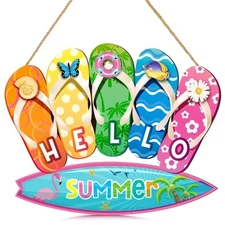 Summer Slippers Hanging Sign Shape Welcome Hello Flip Flop Wooden Door Sign
