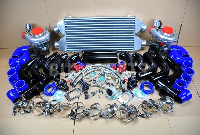 DIY TWIN TURBO KIT INTERCOOLER BLACK PIPE BLUE COUPLER for Nissan