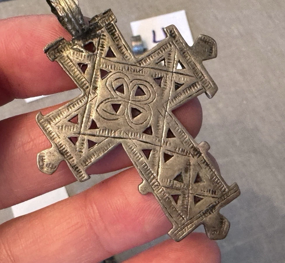 PICK Vintage Ethiopian Jointed Coptic Cross Charm Pendant Silver Tone Tribal 3" - product detail image 9