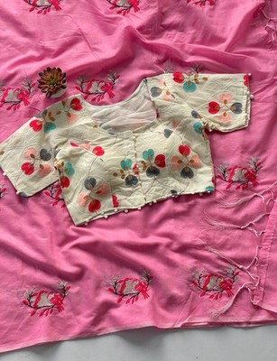 Chanderi Saree with Love Birds Work With Heavy Embroidered Full stitch Blouse.