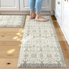 Beige Floral Kitchen Rug Set 2 PCS Anti Fatigue Cushioned Waterproof