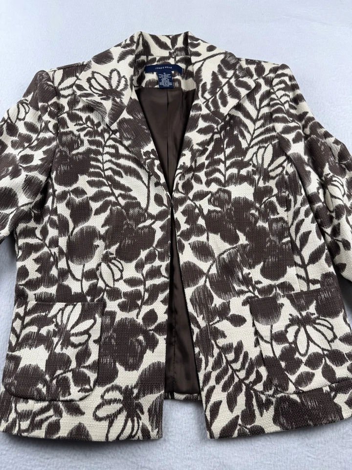 Jones Wear Lined Brown/Tan Floral Textured Eye Hook Closure Blazer Jacket Sz 12 - Image 3 of 4