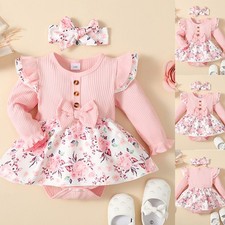 Newborn Baby Girls Floral Ribbed Romper Dress Heandband Set Outfits Clothes UK