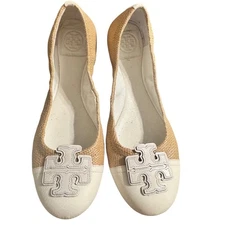 Tory Burch Ballet Flats Women Size 9 Gold Beige White Leather Logo Embellishment
