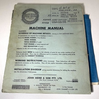 John Heine 207AG Series 2 Machine Manual + Blueprints GMH Adelaide Holden - RARE