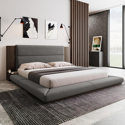 King Size Gray Upholstered Platform Bed with Headboard & Shelf, No Box Spring