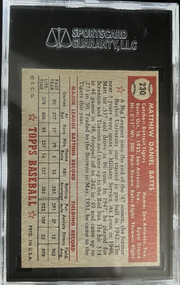 1952 Topps Set Break #230 Matt Batts - SGC 80 - 6 (EX/NM) - Image 2 of 2
