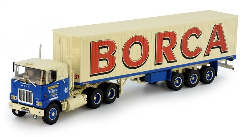 MACK F700 6x4 TEKNO miniature 1/50 avec remorque fourgon BORCA à 3 essieux