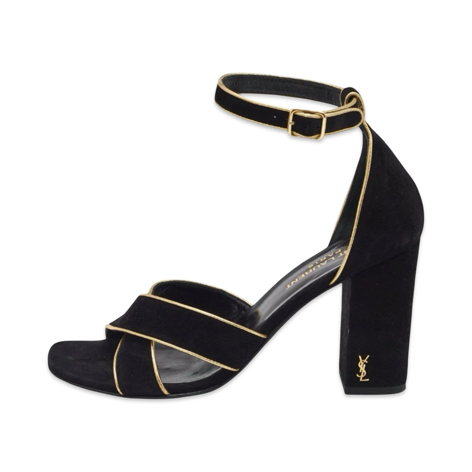 YVES SAINT LAURENT sandalo alla caviglia tacco scarpa nero con bordo oro 40 EU NUOVO