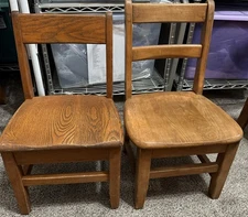 Vintage Solid Oak Wood School Chair Child Size Saddle Seat Classroom Set of 2