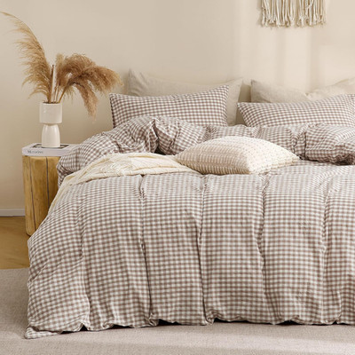 TOCOMOA Tan Gingham Duvet Cover Bedding Set 100% Washed Cotton like Linen Feel S