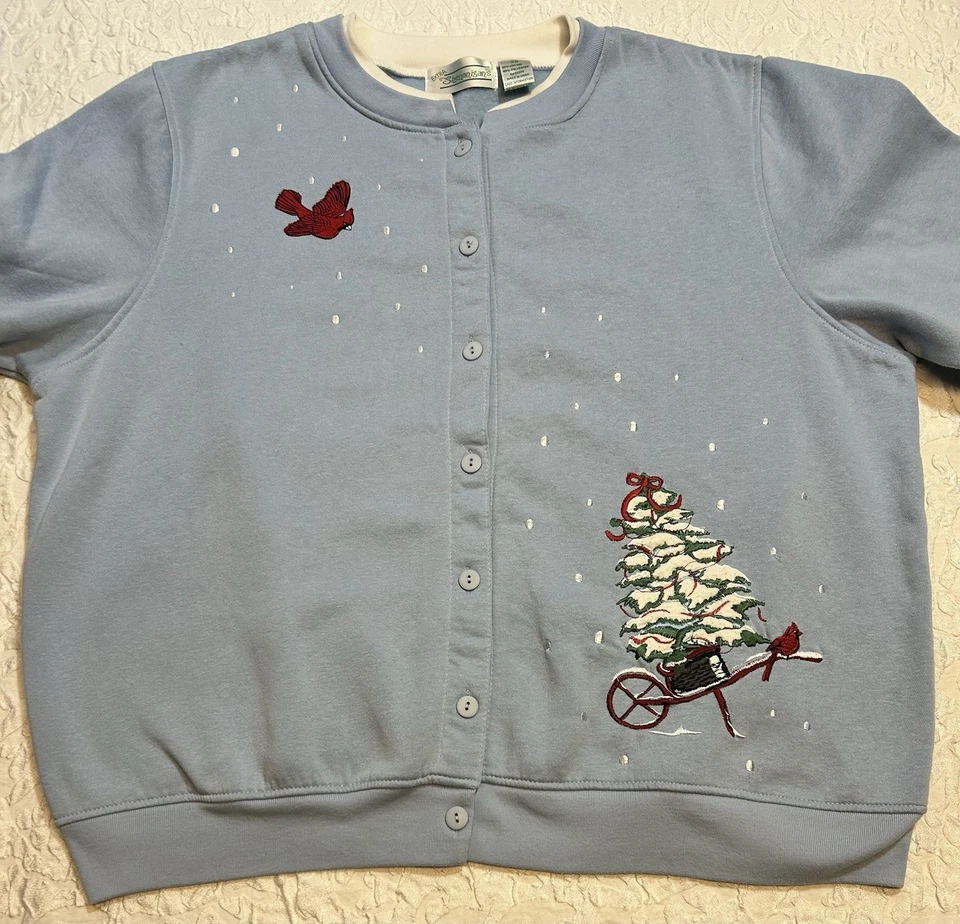 Cárdigan Vintage Shenanigans Otoño Hoja Bordado Otoño Azul Claro 1XL Botón Foto 2 de 4