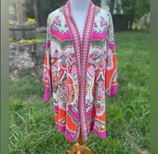 Reversible Pink Kimono-Inspired Festival Floral White Green Colorful Duster Open