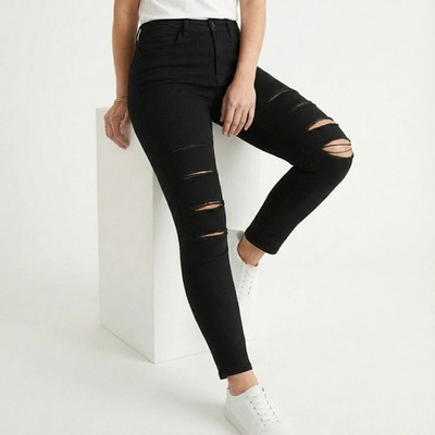 Ripped Jeans Damen Skinny High Rise Denim Stretchy Damen Schwarz Jeans Gr.