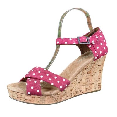TOMS Strappy Wedge Women Shoe Size 10 Summer Vacation Red Polka Dot Canvas Cork