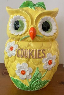 Vintage Yellow Owl Ceramic Cooke Jar Kitsch MCM Grandmacore