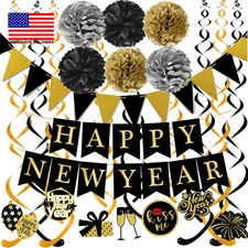 Happy New Year Banner Pom Poms Triangle Flag Swirls Garland Hanging Bunting for 