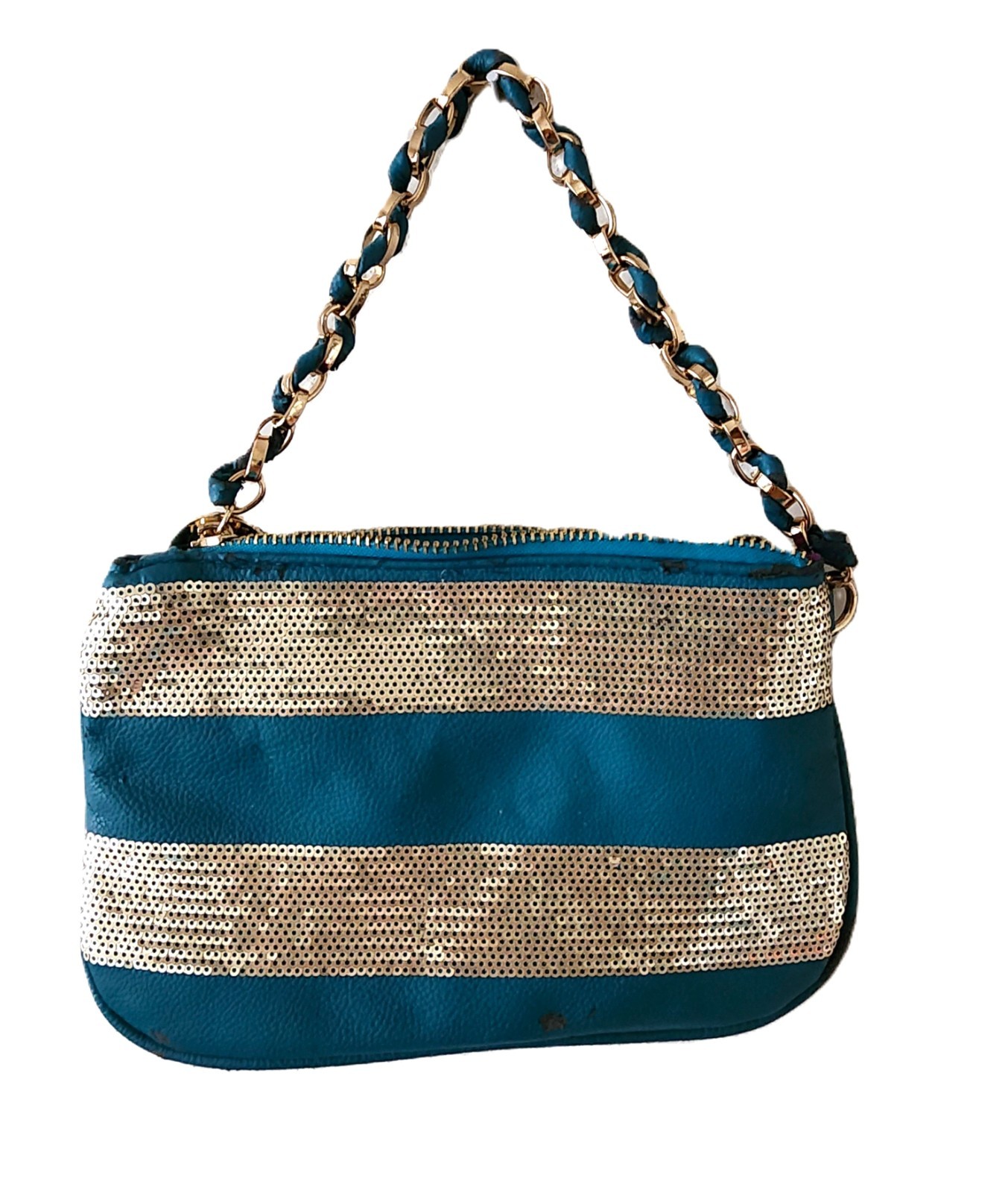 Deux Lux Turquoise Evening Handbag Gold Sequins and Braided Gold Tone Hardware