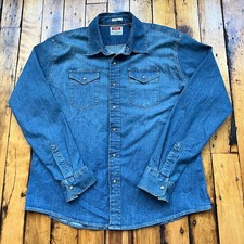 Wrangler Men s XL Denim Chambray Pearl Snap Shirt Work Wear Blue Western Ranch