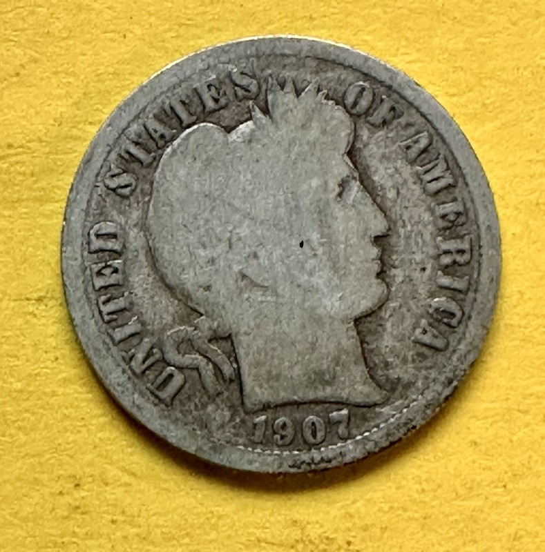 1907-D Barber Dime. 90% Silver. Good Condition. Charity Auction/Animal Rescue.
