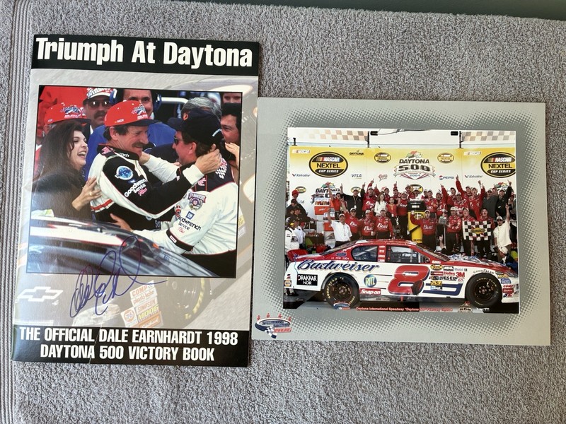 RARE EARNHARDTS’ WINS AT DAYTONA: AUTOGRAPHED DALE SR. BOOK & DALE JR. WIN PHOTO