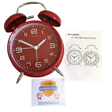 Peakeep 4" Twin Bell Alarm Clock w/Stereo Alarm 3122 Red Loud Heavy Sleepers New