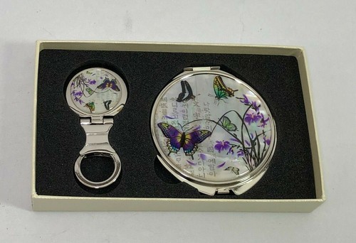 Butterfly Makeup Cosmetic Compact Mirror w/Key Chain Ring Korean vintage - Afbeelding 2 van 12